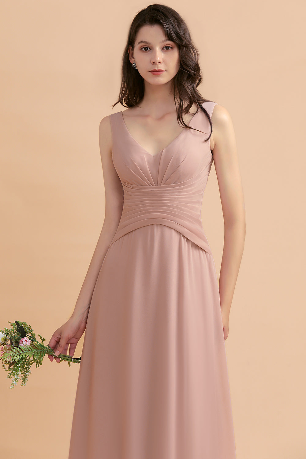 Long V-Neck Dusty Rose Chiffon Sleeveless Bridesmaid Dresses with Ruff 27dress Long V-Neck Dusty Rose Chiffon Sleeveless Bridesmaid Dresses with Ruff 27dress