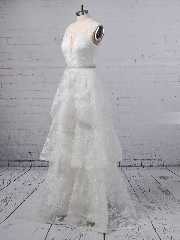 V-neck Lace Ball Gown Wedding Dress With Beading and Sweep Train