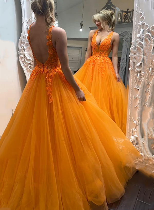 V-Neck Long Prom Dress with Appliques Lace for Ball-Gown Look-27dress