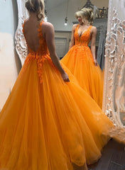 V-Neck Long Prom Dress with Appliques Lace for Ball-Gown Look-27dress