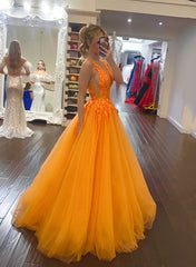 V-Neck Long Prom Dress with Appliques Lace for Ball-Gown Look-27dress
