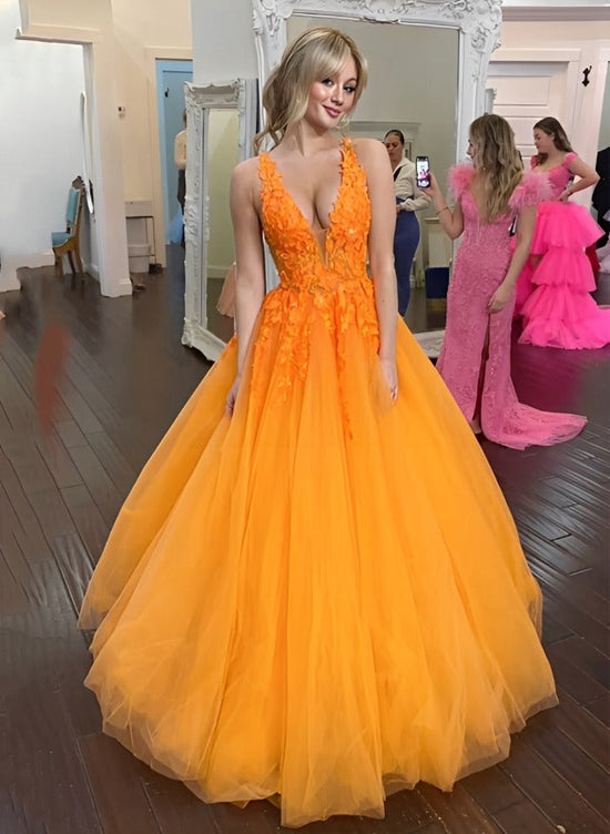 V-Neck Long Prom Dress with Appliques Lace for Ball-Gown Look-27dress
