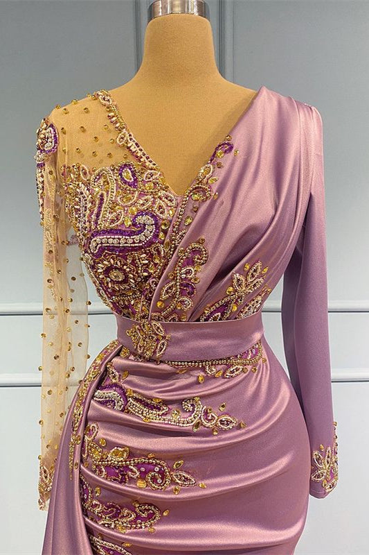 V Neck Long Sleeves Beadings Long Prom Dress V Neck Mermaid With Pleated