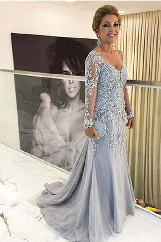V-neck Long Sleeves Mother Of The Bride Dress with Lace Applique