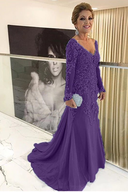 V-neck Long Sleeves Mother Of The Bride Dress with Lace Applique