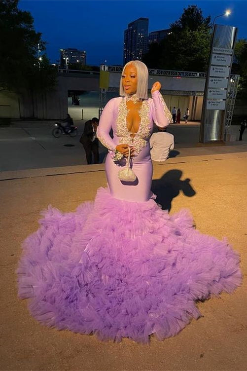 V Neck Long Sleeves Mermaid Long Prom Dress Tulle Trumpet With Appliques