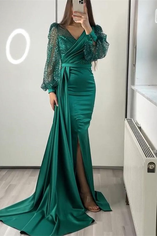 V Neck Long Sleeves Sequins Mermaid Split Prom Dress With Ruffles