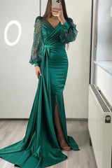 V Neck Long Sleeves Sequins Mermaid Split Prom Dress With Ruffles