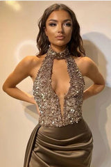 V Neck Mermaid Open Back Sequins Prom Dress Sleeveless With High Split Online