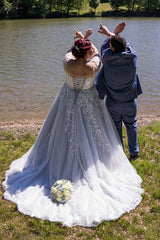 27DRESS V-neck Plus Size Tulle A-line Wedding Dresses with Lace Applique
