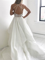 V-neck Satin Court Train Wedding Dress with Cascading Ruffles