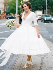 V-neck Satin Tea-length Wedding Dress for your Special Day