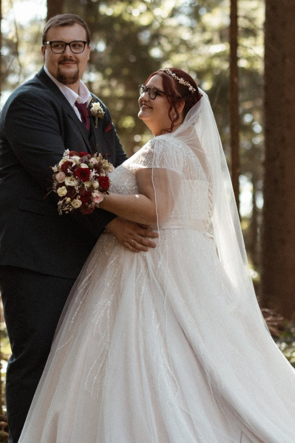 V-Neck Short Sleeves Plus Size Wedding Dress with Sash