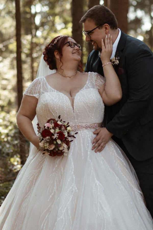 V-neck Short Sleeves Plus Size Wedding Dresses with Sash