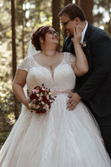 27DRESS V-neck Short Sleeves Plus Size Wedding Dresses with Sash