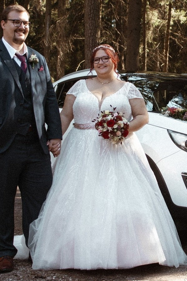 27DRESS V-neck Short Sleeves Plus Size Wedding Dresses with Sash