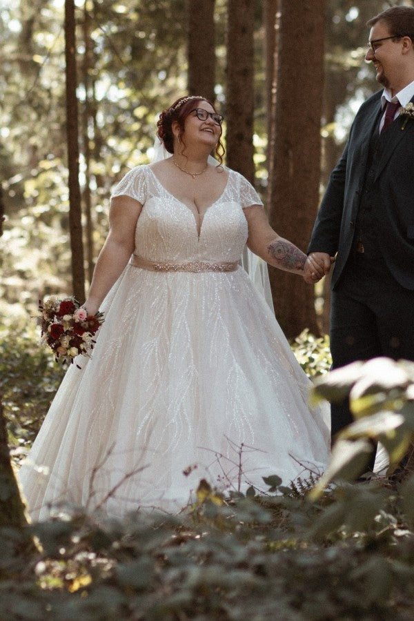 27DRESS V-neck Short Sleeves Plus Size Wedding Dresses with Sash