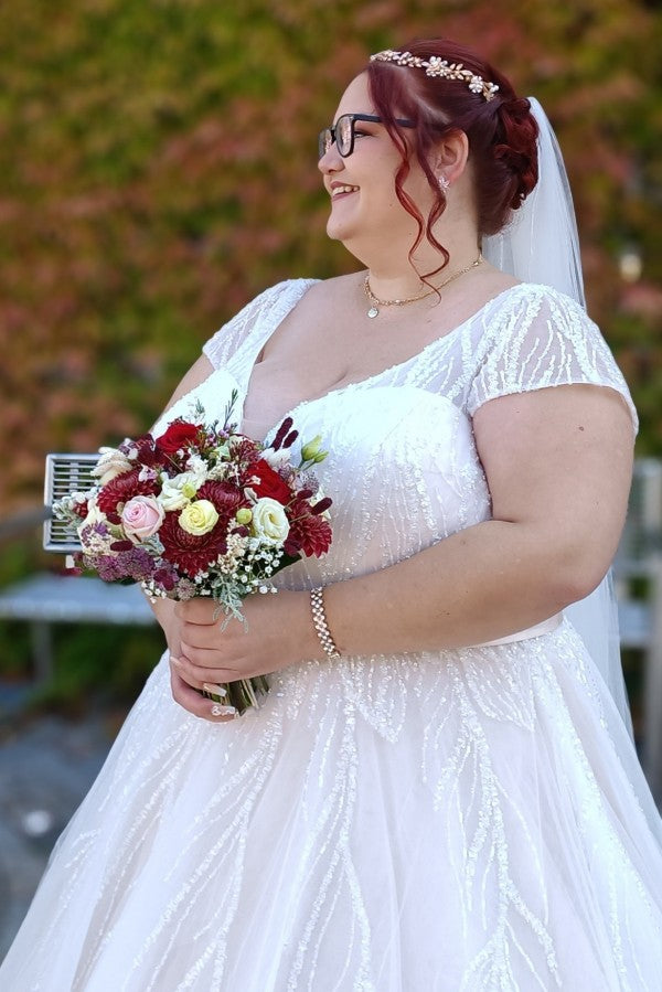 27DRESS V-neck Short Sleeves Plus Size Wedding Dresses with Sash