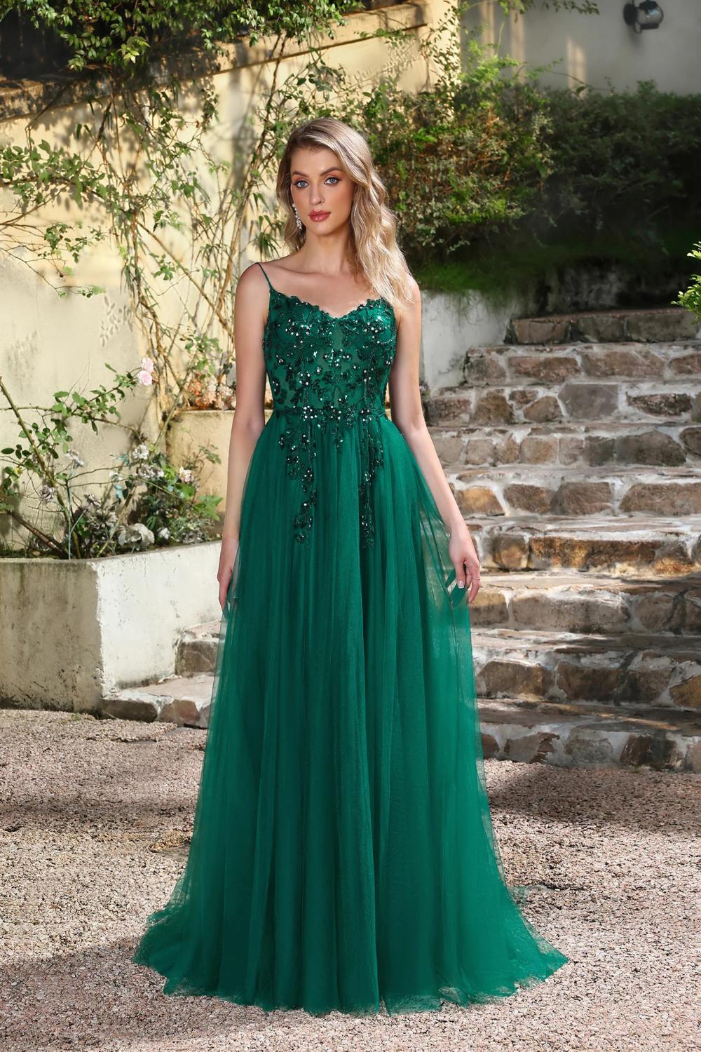V-Neck Sleeveless A-Line Long Prom Dress with Appliques-27dress