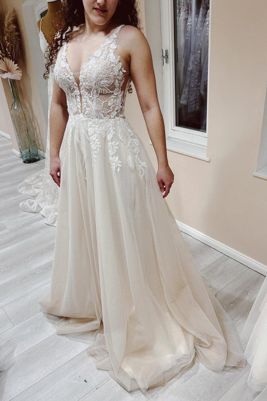 V-Neck Sleeveless A-Line Wedding Dress Lace Appliques With Beads-27dress