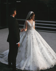 V-Neck Sleeveless Ball Gown Wedding Dress With Silver Applqiues-27dress