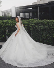 V-Neck Sleeveless Ball Gown Wedding Dress With Silver Applqiues-27dress