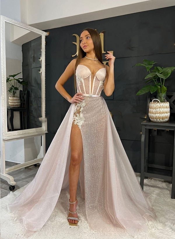 V-Neck Sleeveless Long Prom Dress With Detachable Sweep Train - Sheath-27dress