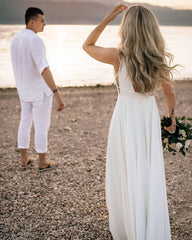 V-Neck Sleeveless Wedding Dress Beach Long-27dress