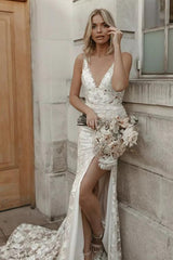 V-Neck Sleeveless Wedding Dress Mermaid Lace With Split-27dress