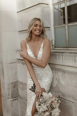 V-Neck Sleeveless Wedding Dress Mermaid Lace With Split-27dress