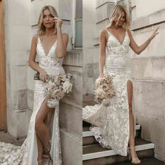 V-Neck Sleeveless Wedding Dress Mermaid Lace With Split-27dress