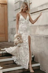 V-Neck Sleeveless Wedding Dress Mermaid Lace With Split-27dress