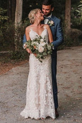 V-Neck Spaghetti-Straps Wedding Dress Lace Bridal Gowns-27dress