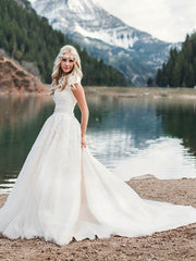 V-neck Tulle Court Train Wedding Dress with Beading - Ball Gown