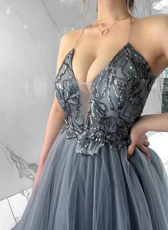 V-Neck Tulle Prom Dress with Split Front | Ball-Gown Sleeveless-27dress