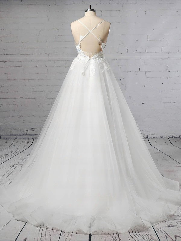 V-neck Tulle Sweep Train Wedding Dress with Appliques Lace