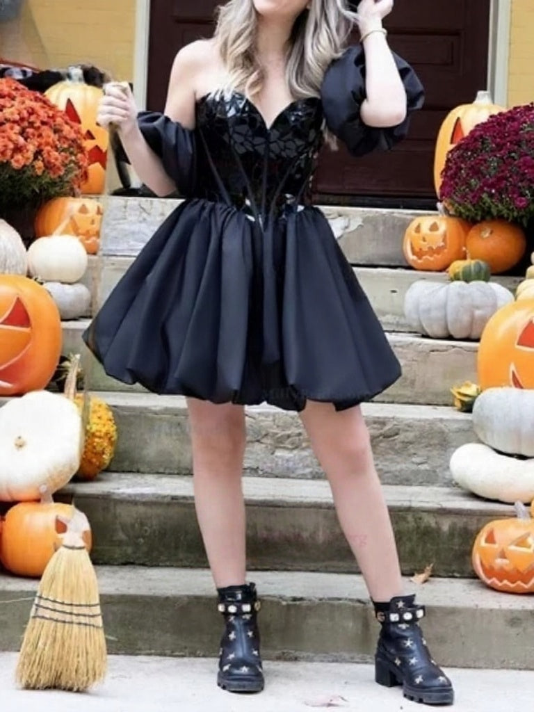 27Dress black Satin Homecoming Dress with sequin corset bodice puff sleeves and flared skirt