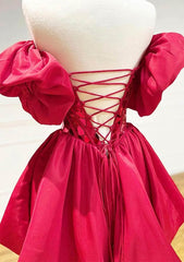 Satin Homecoming Dress by 27Dress red off shoulder puff sleeve with lace up corset back and full skirt