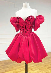 27Dress red Satin Homecoming Dress with mirrored sweetheart corset puff sleeves and bubble skirt