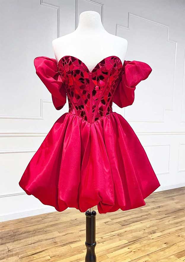 27Dress Satin Homecoming Dress red off shoulder short bubble skirt with sequin sweetheart bodice on mannequin