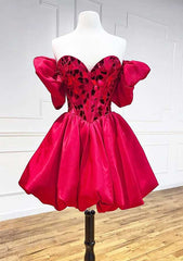 27Dress Satin Homecoming Dress red off shoulder short bubble skirt with sequin sweetheart bodice on mannequin