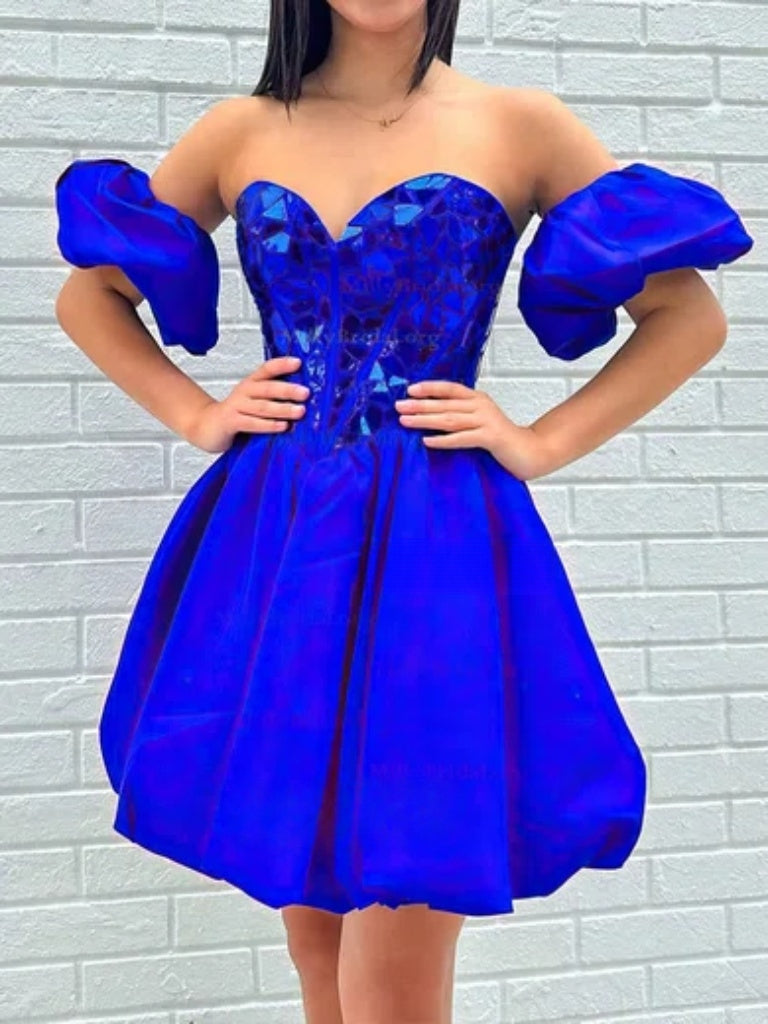 27Dress royal blue Satin Homecoming Dress with sweetheart corset bodice puff off shoulder sleeves short bubble skirt