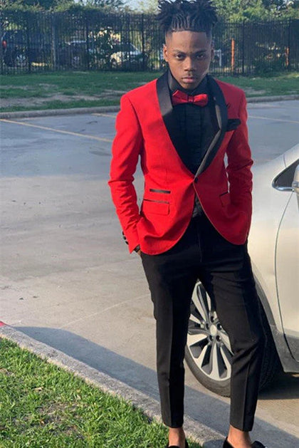 Vibrant Red One-Button Suit with Black Shawl Lapel for Prom – 27dress