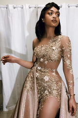 Vintage A-line One Shoulder Lace Appliqued Long Prom Dresses With Over Skirt-27Dress