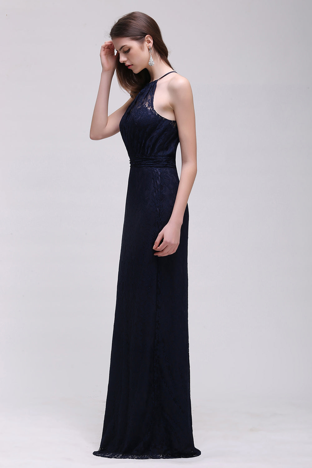 Vintage Halter Sleeveless Lace Navy Bridesmaid Dresses Affordable-27dress