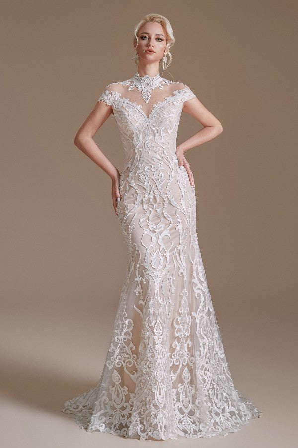 Vintage Long Mermaid High-neck Lace Wedding Dress with sleeves-27dress