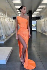 Vintage Orange One Shoulder Sleeveless Mermaid Prom Dress Split With Pleated