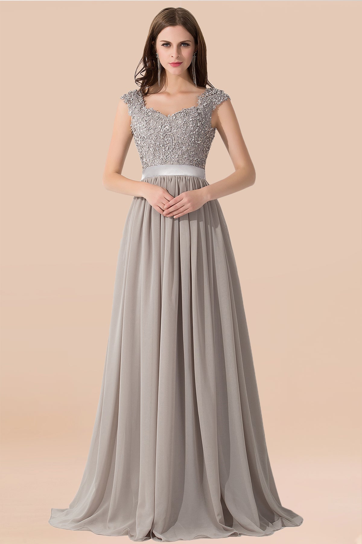 Vintage Silver Sleeveless Long Bridesmaid Dress With Appliques-27dress