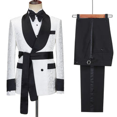 Double Breasted Jacquard White Wedding Suits With Black Shawl Lapel
