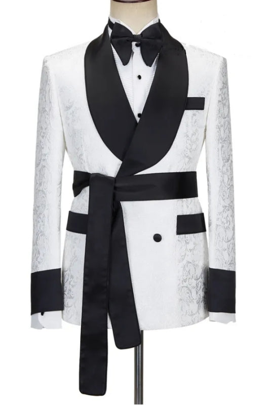 Double Breasted Jacquard White Wedding Suits With Black Shawl Lapel